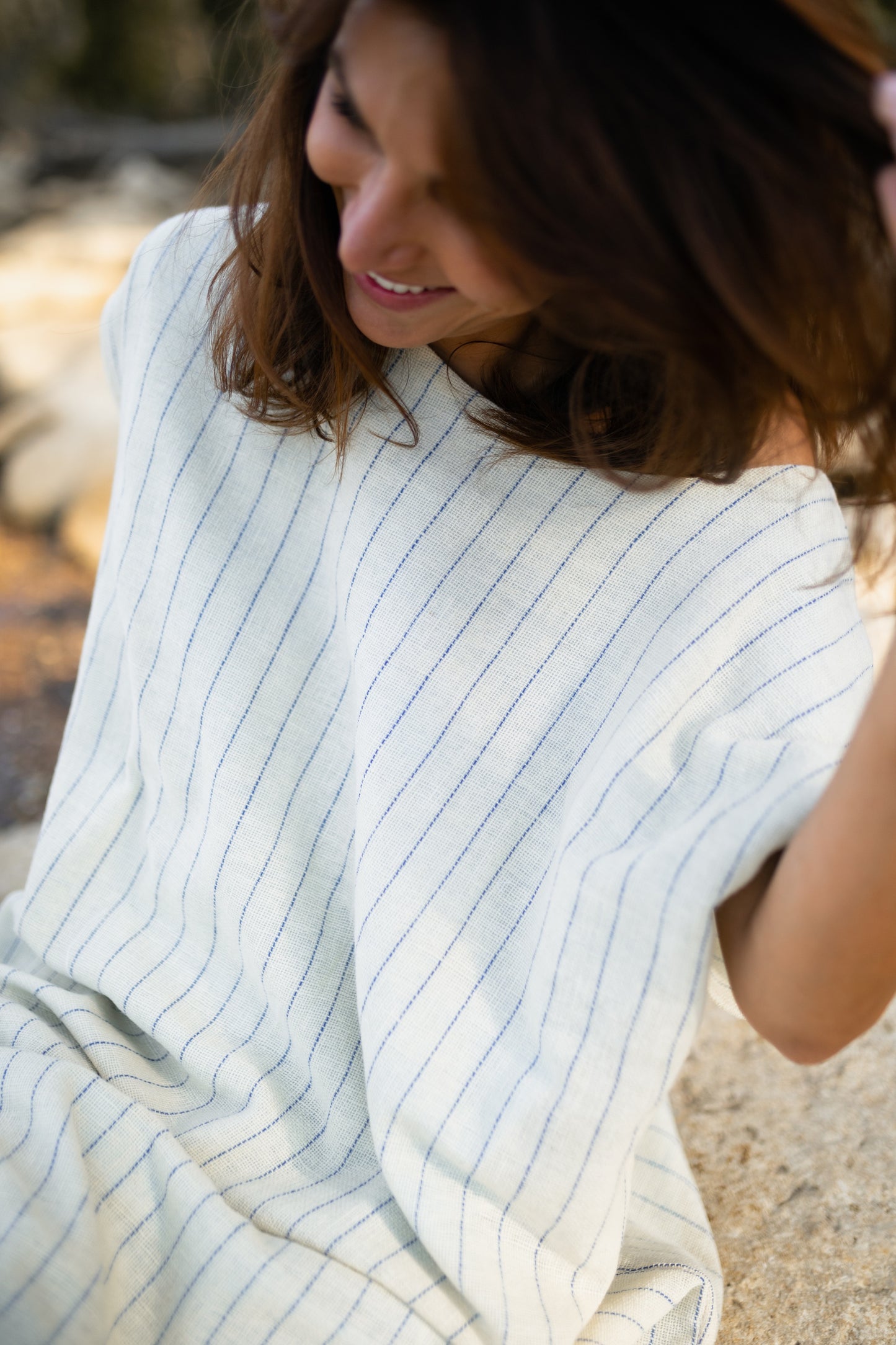Lara Loose Weave Wool Shift Dress in Cream and Baby Blue Stripe Made to Order