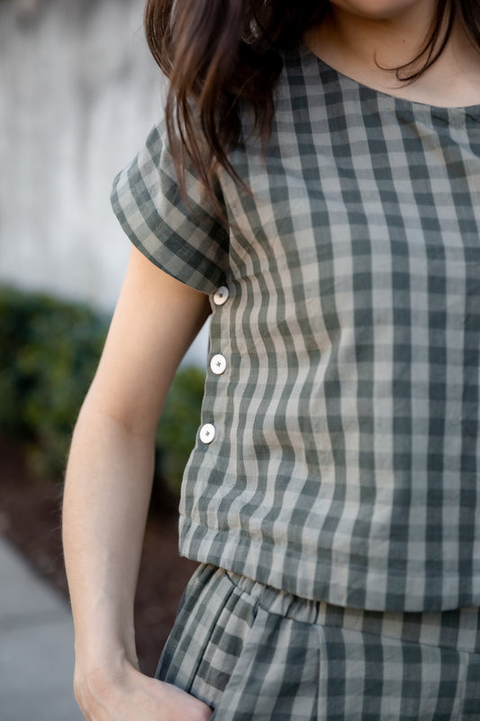 Katie Handwoven Cotton Set in Green Gingham - Shirts Left