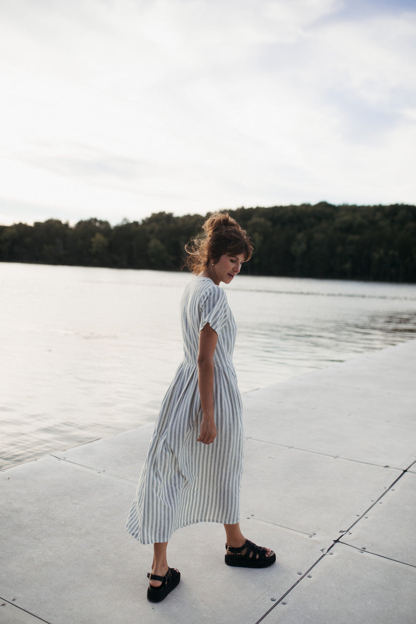 June Dress in Green and White Stripe Linen - Pre-Order 2/30