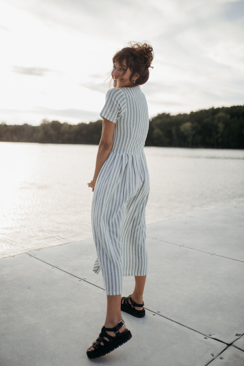 June Dress in Green and White Stripe Linen - Pre-Order 2/30