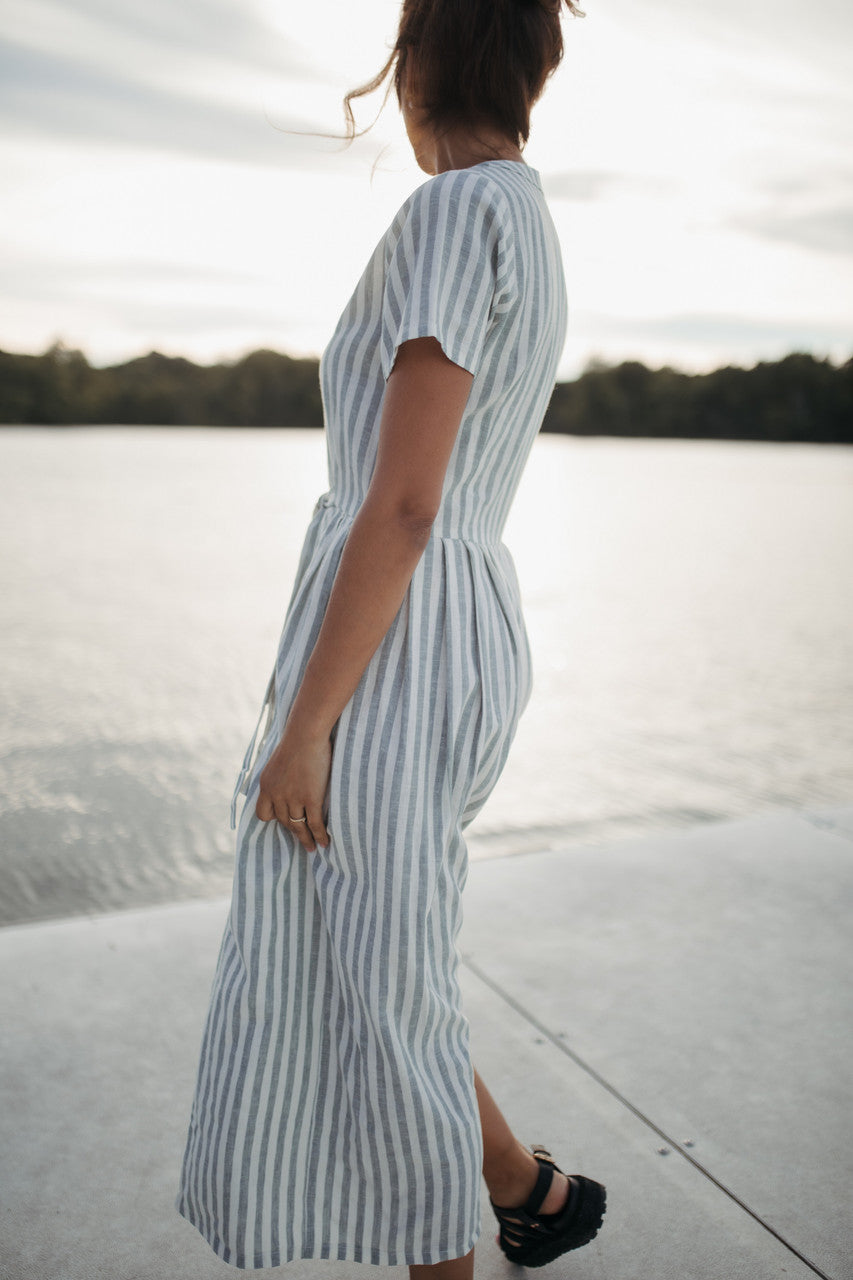 June Dress in Green and White Stripe Linen - Pre-Order 2/30