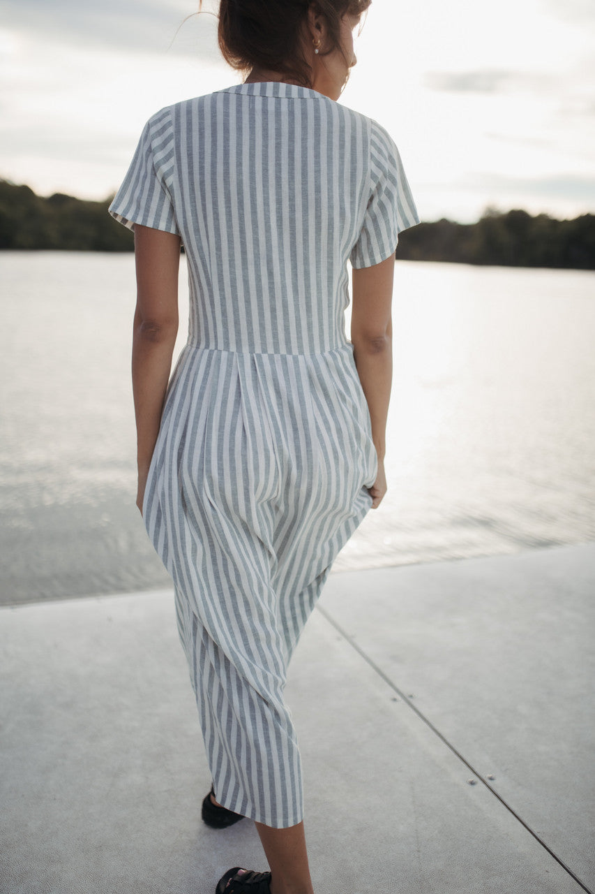 June Dress in Green and White Stripe Linen - Pre-Order 2/30