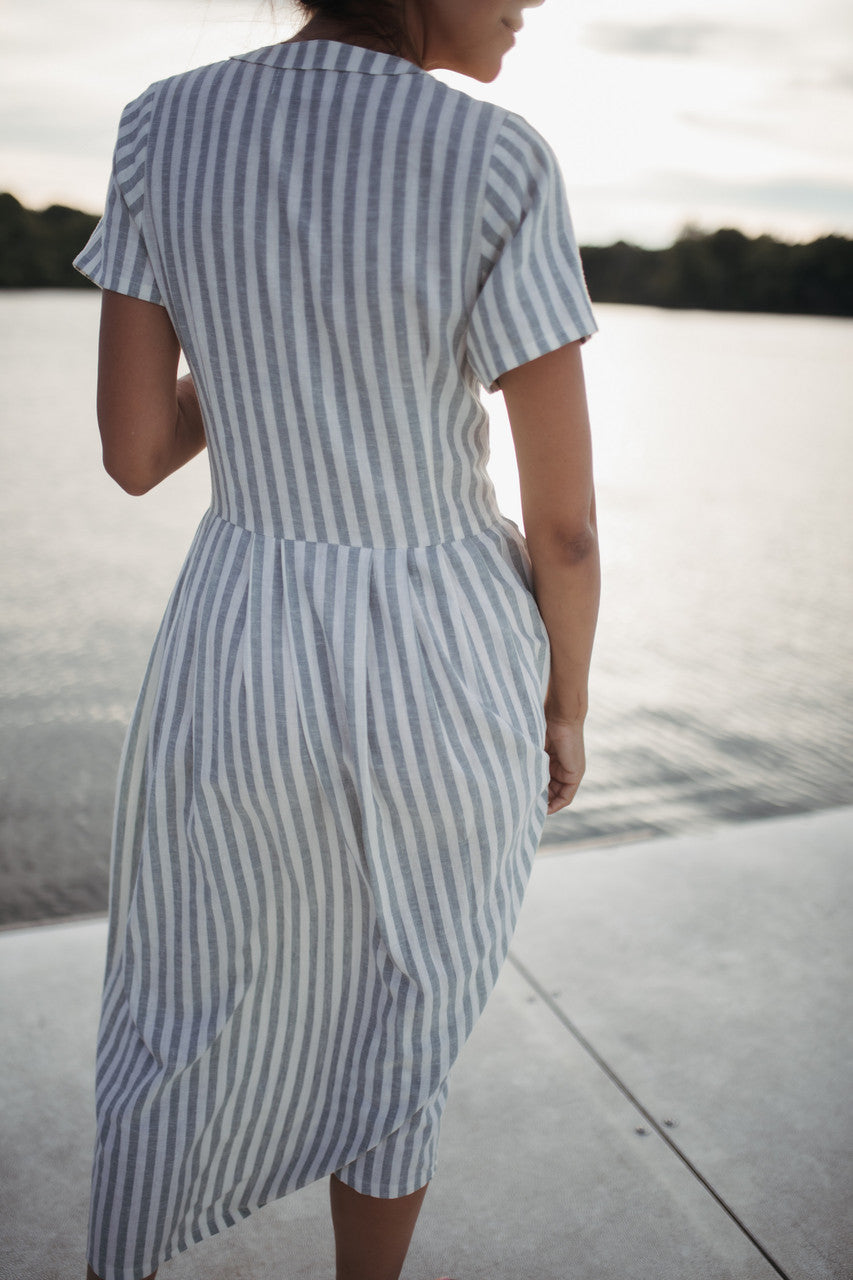 June Dress in Green and White Stripe Linen - Pre-Order 2/30