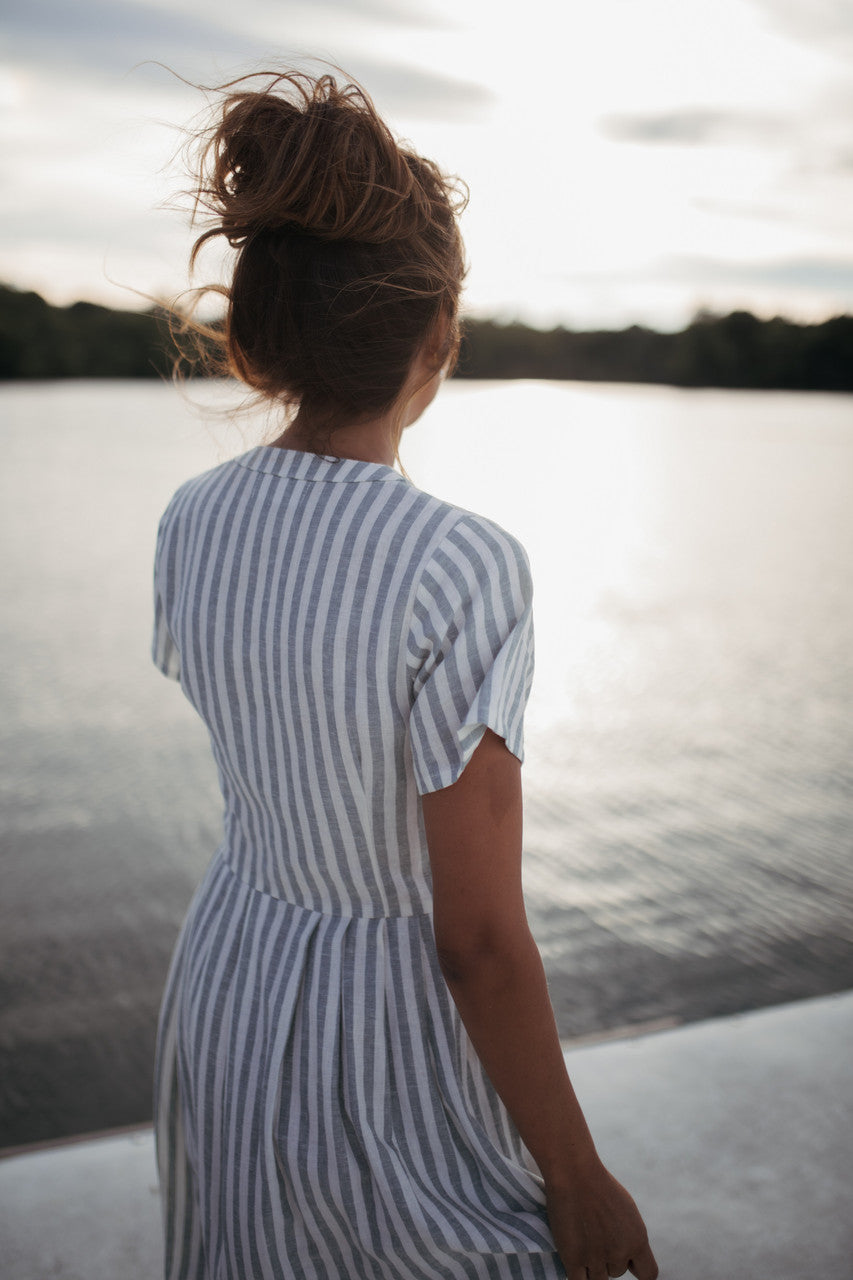 June Dress in Green and White Stripe Linen - Pre-Order 2/30