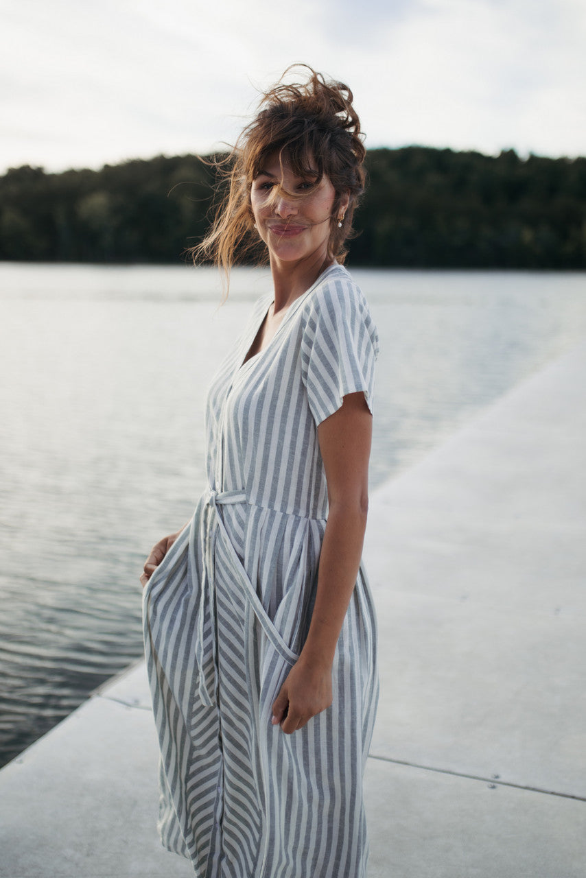 June Dress in Green and White Stripe Linen - Pre-Order 2/30