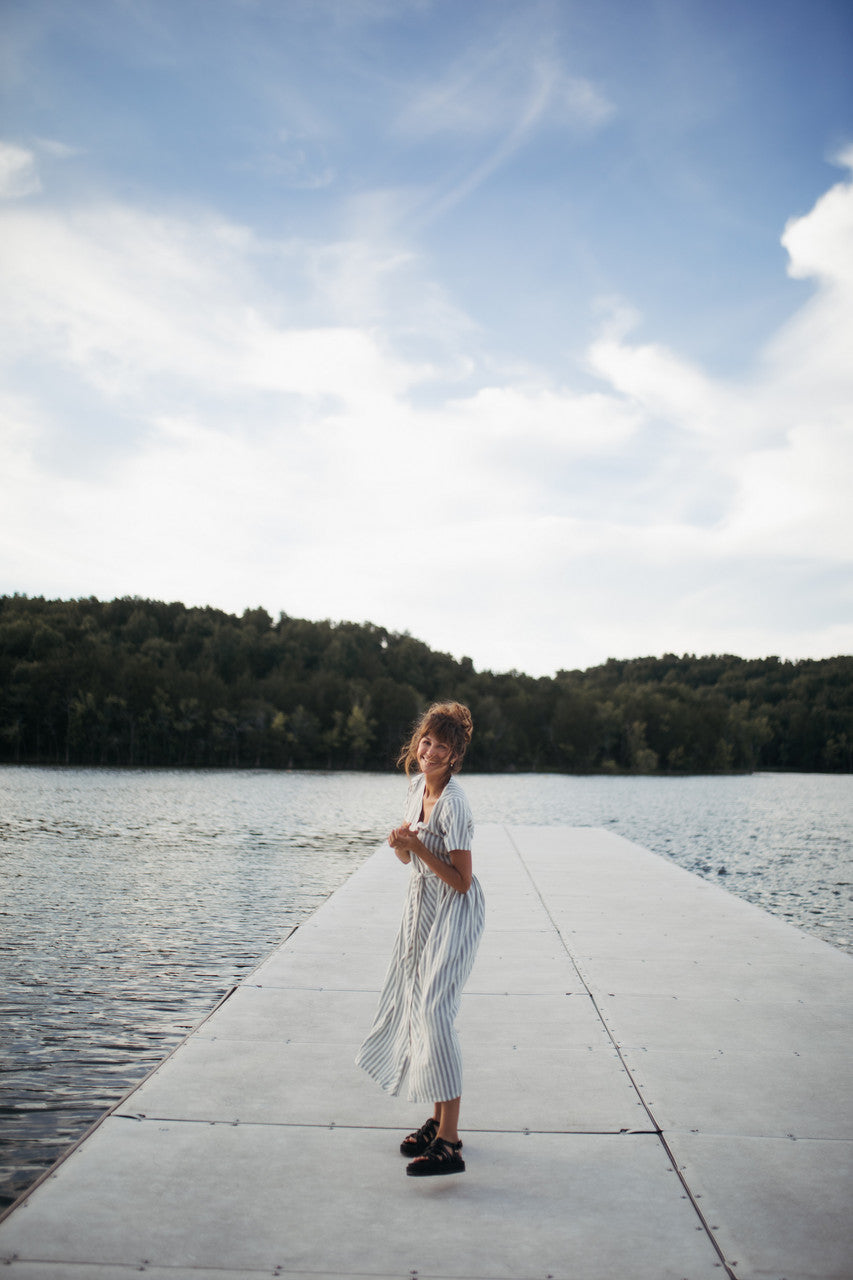 June Dress in Green and White Stripe Linen - Pre-Order 2/30