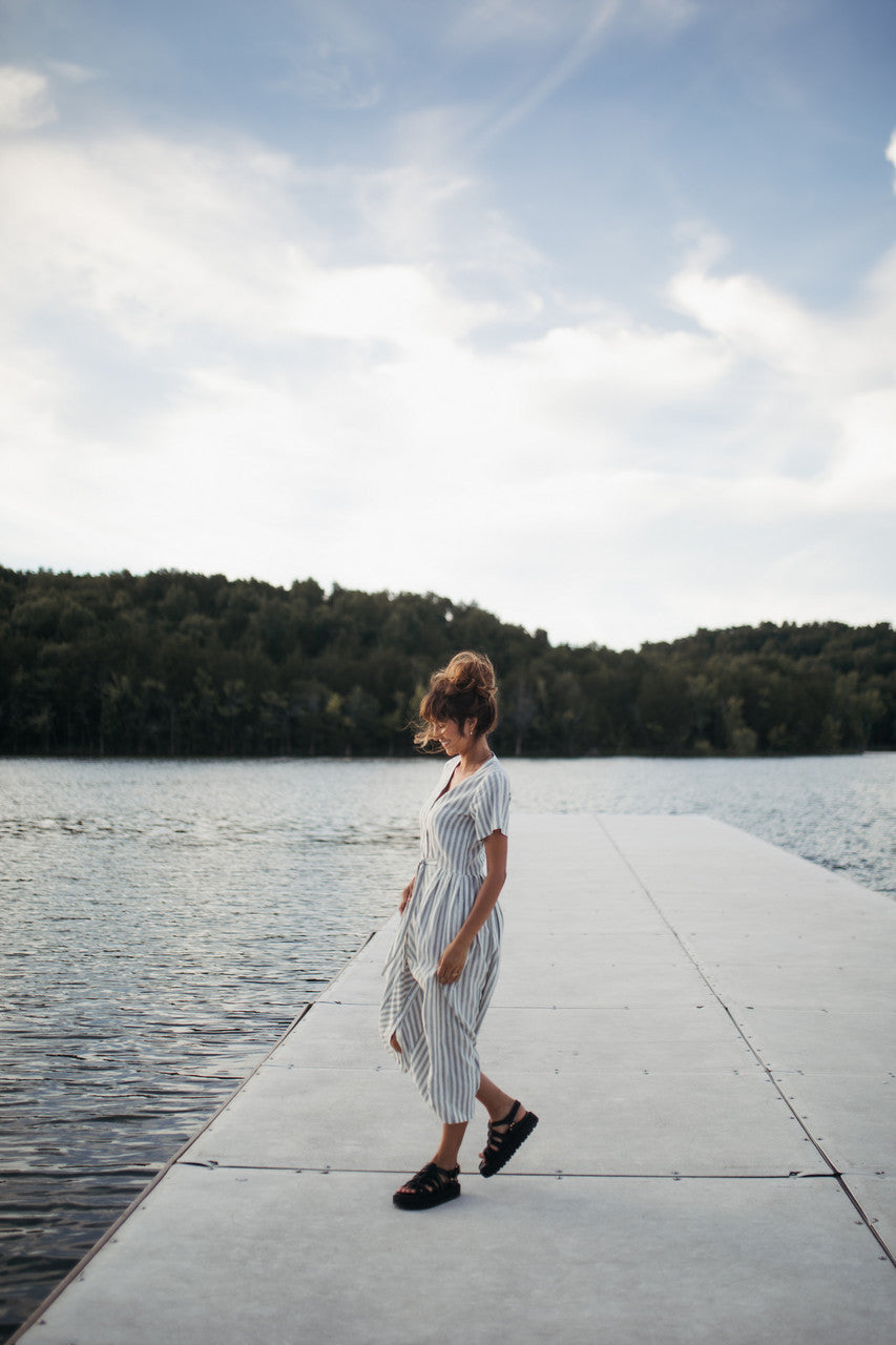 June Dress in Green and White Stripe Linen - Pre-Order 2/30