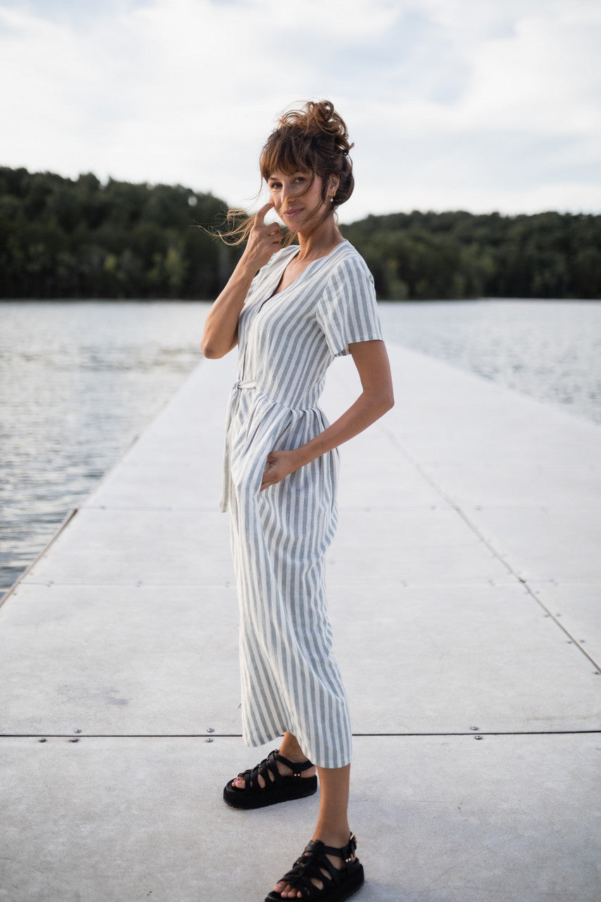 June Dress in Green and White Stripe Linen - Pre-Order 2/30