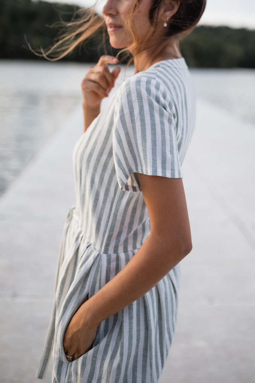 June Dress in Green and White Stripe Linen - Pre-Order 2/30