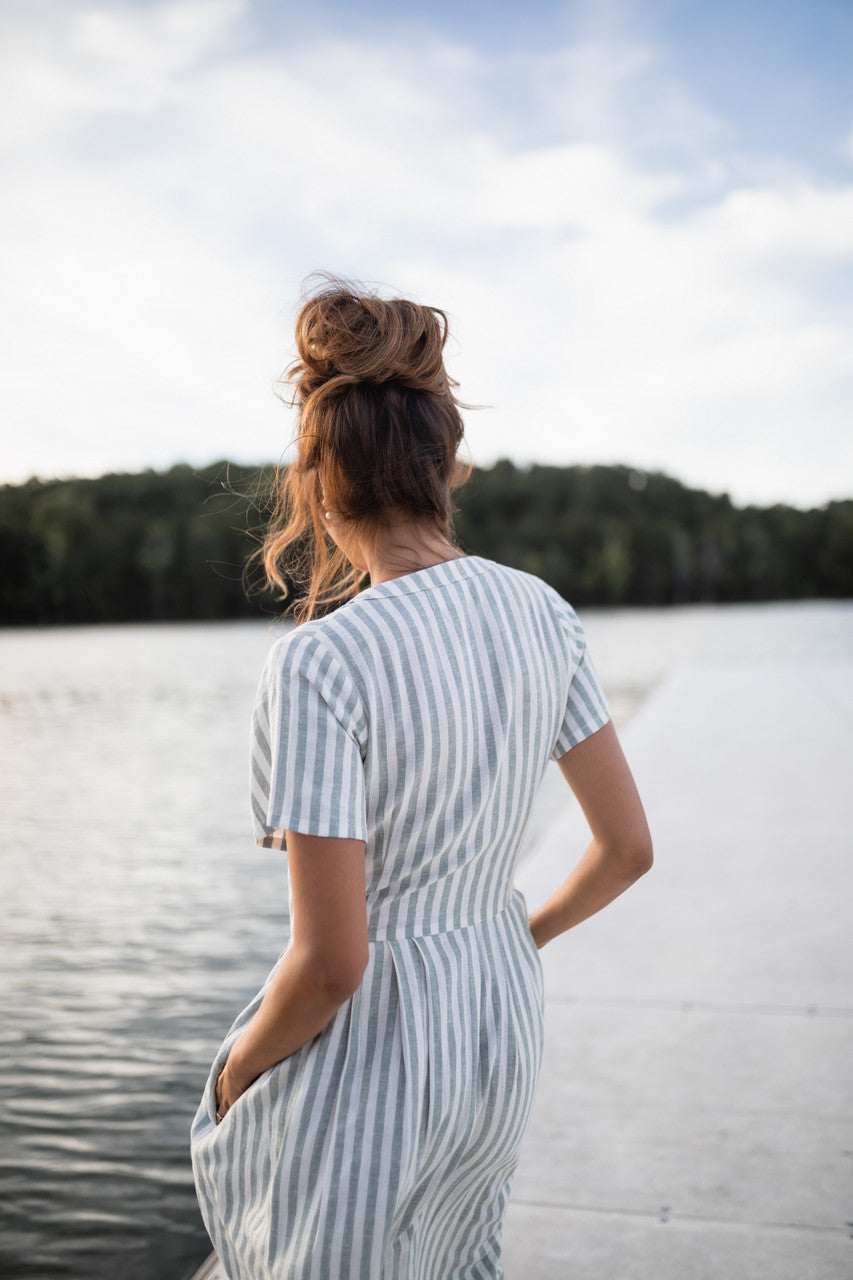 June Dress in Green and White Stripe Linen - Pre-Order 2/30