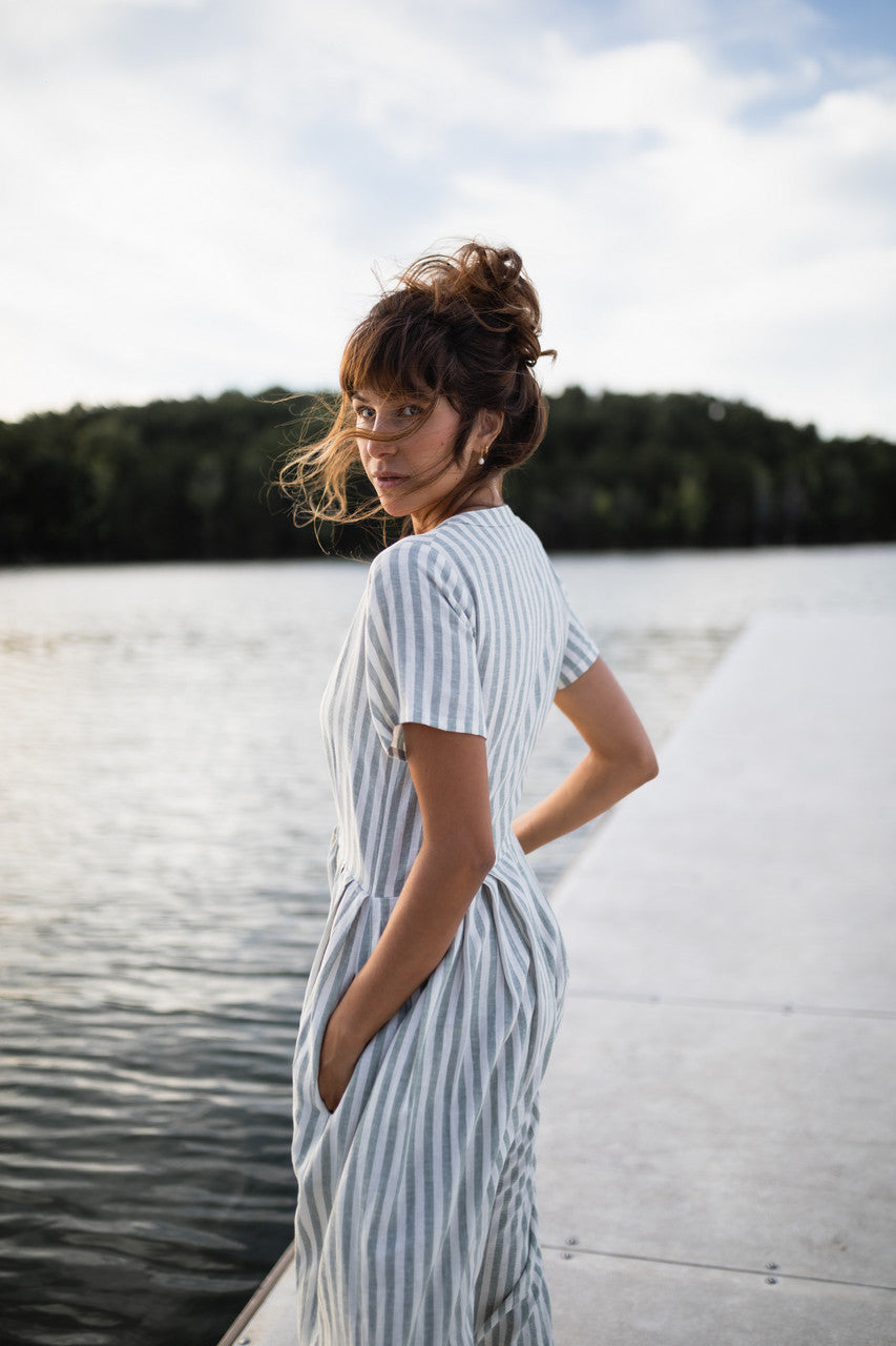 June Dress in Green and White Stripe Linen - Pre-Order 2/30