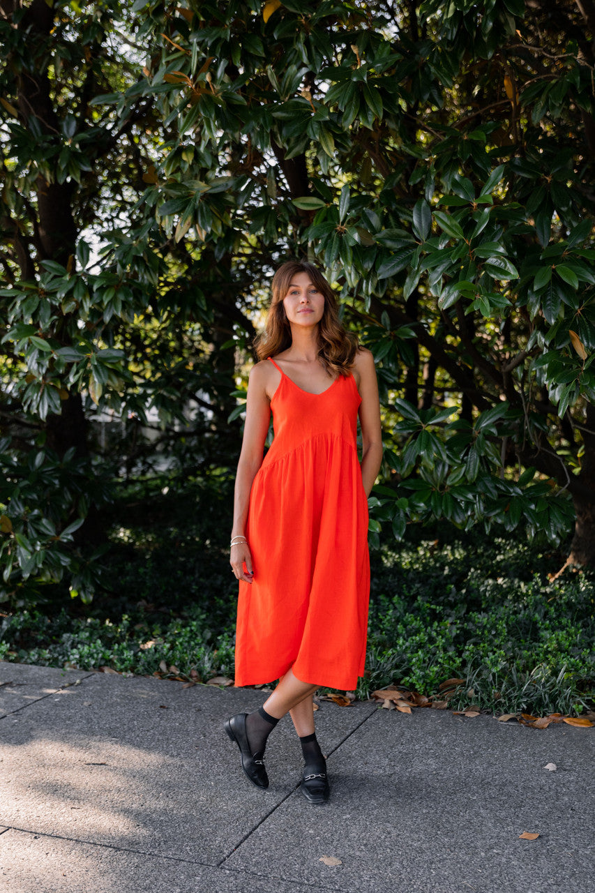 Faro Dress in Recycled Blood Orange Linen - M and L Left