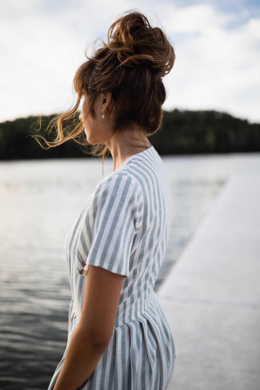 June Dress in Green and White Stripe Linen - Pre-Order 2/30