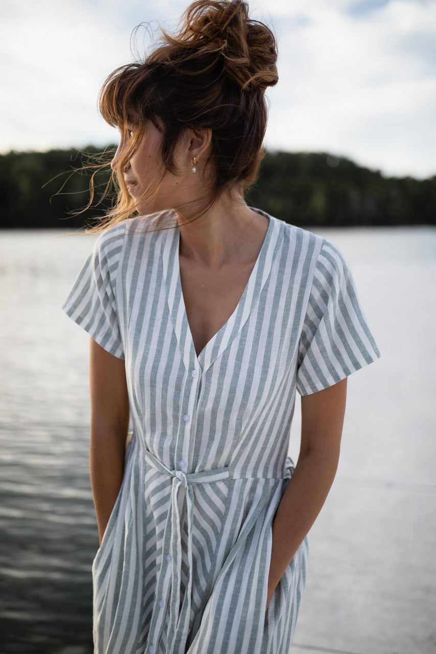 June Dress in Green and White Stripe Linen - Pre-Order 2/30