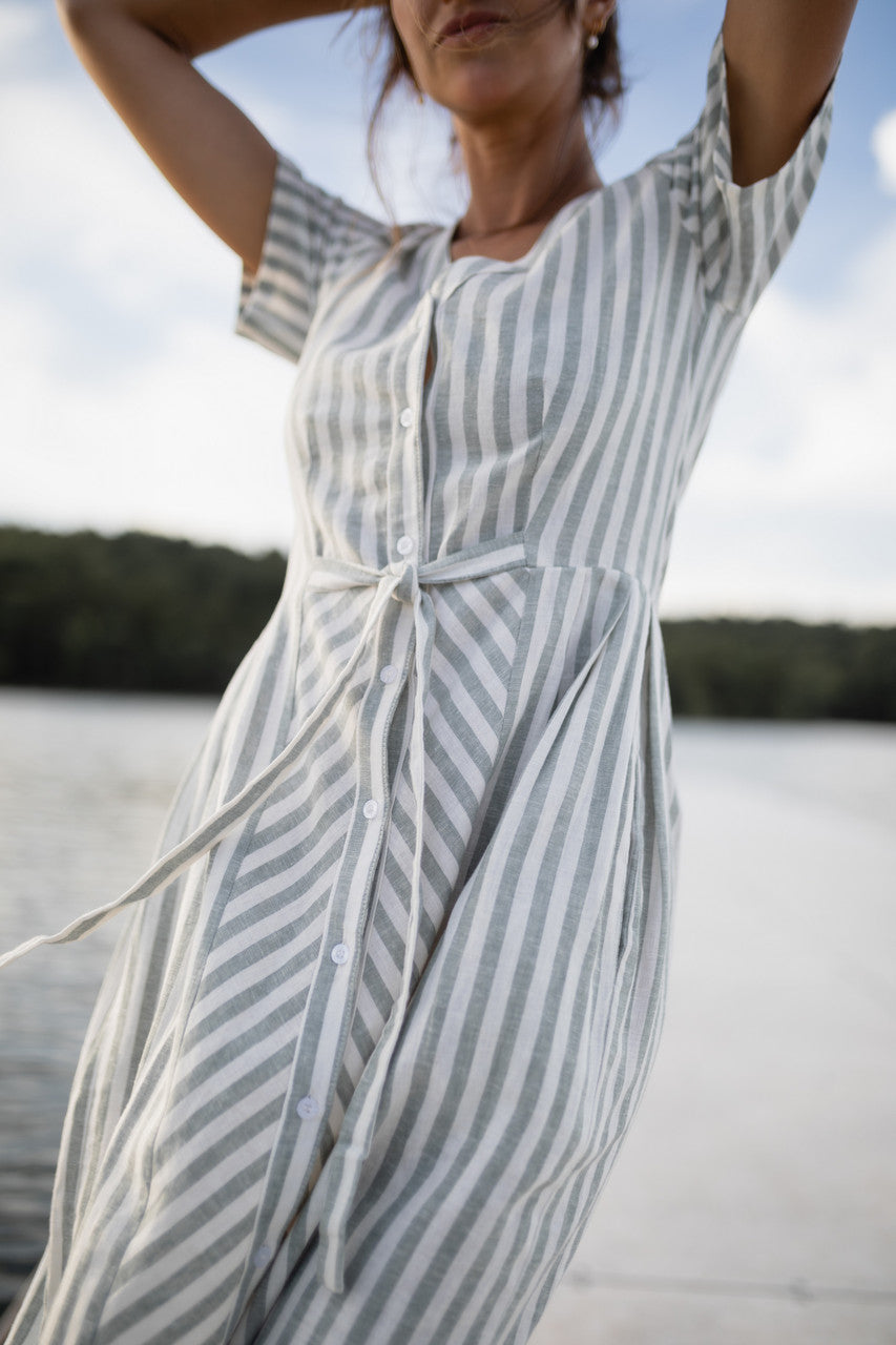 June Dress in Green and White Stripe Linen - Pre-Order 2/30