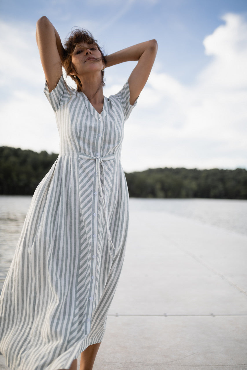 June Dress in Green and White Stripe Linen - Pre-Order 2/30