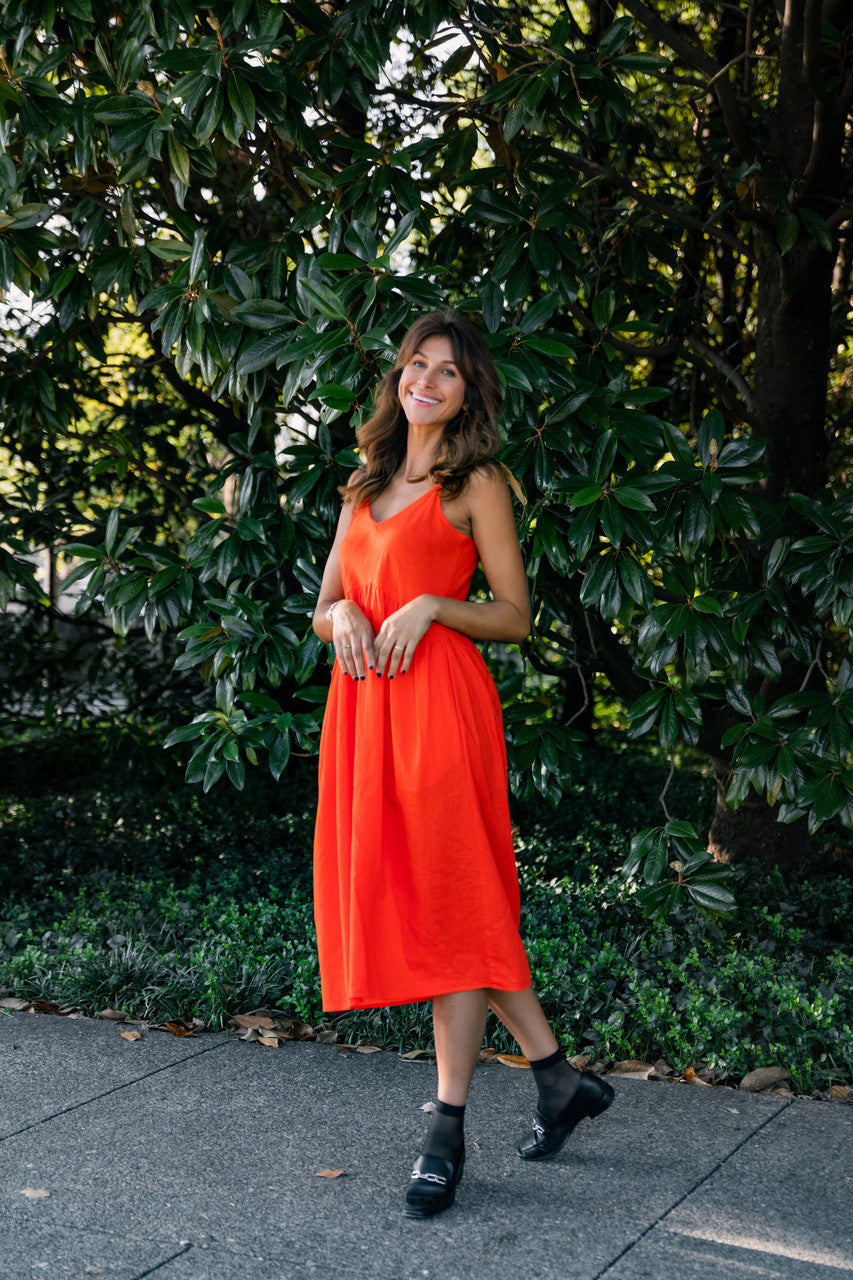 Faro Dress in Recycled Blood Orange Linen - M and L Left