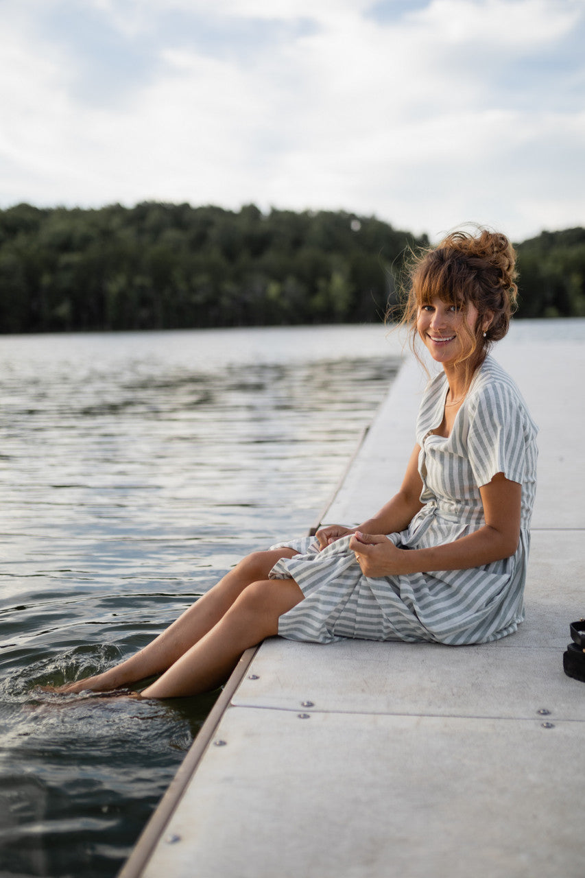 June Dress in Green and White Stripe Linen - Pre-Order 2/30