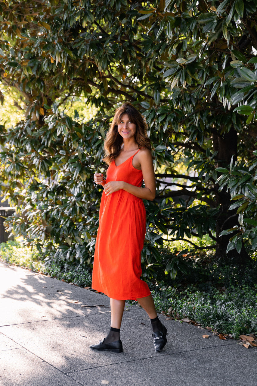 Faro Dress in Recycled Blood Orange Linen - M and L Left