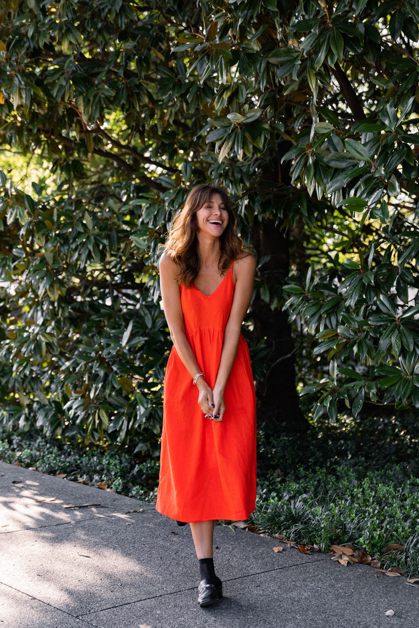 Faro Dress in Recycled Blood Orange Linen - M and L Left