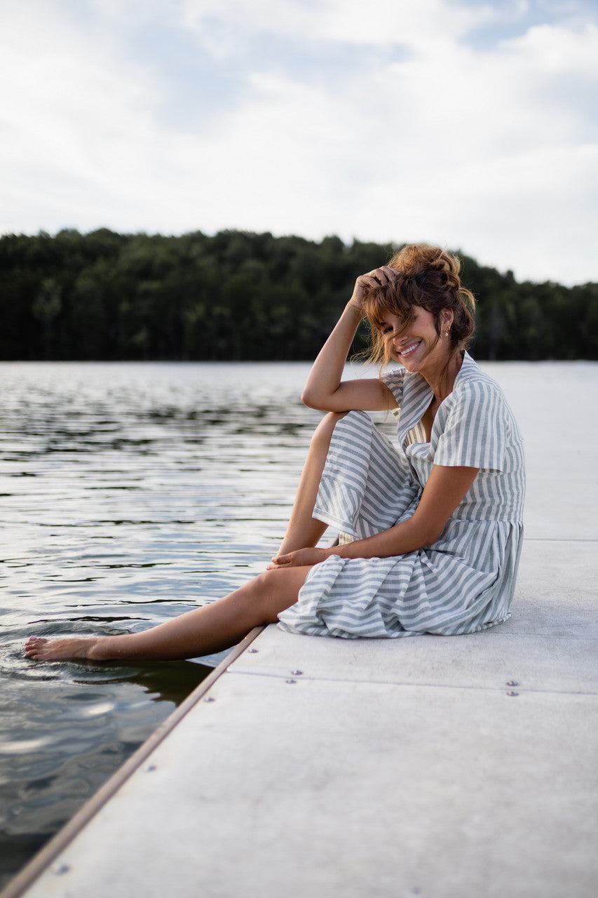 June Dress in Green and White Stripe Linen - Pre-Order 2/30