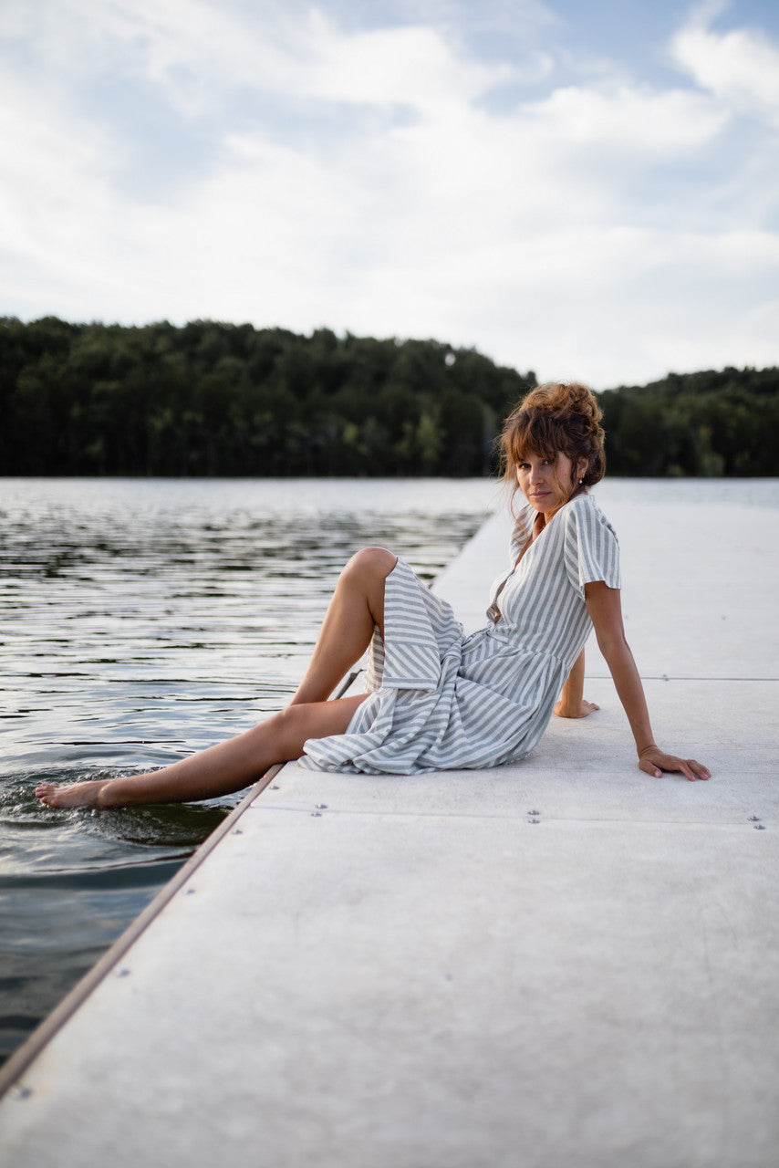 June Dress in Green and White Stripe Linen - Pre-Order 2/30