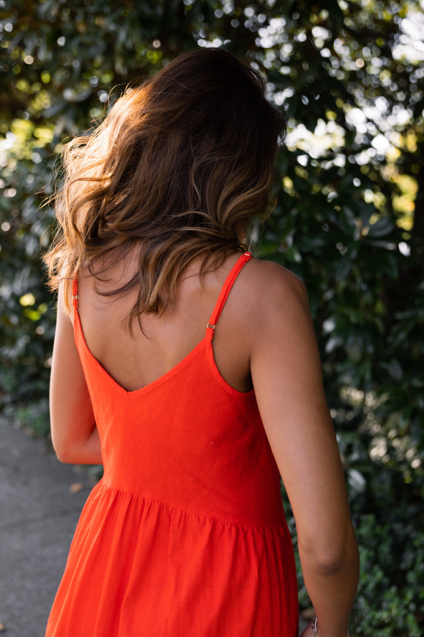 Faro Dress in Recycled Blood Orange Linen - M and L Left