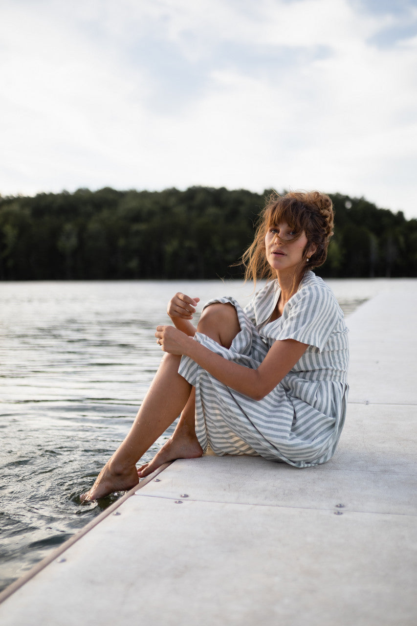 June Dress in Green and White Stripe Linen - Pre-Order 2/30