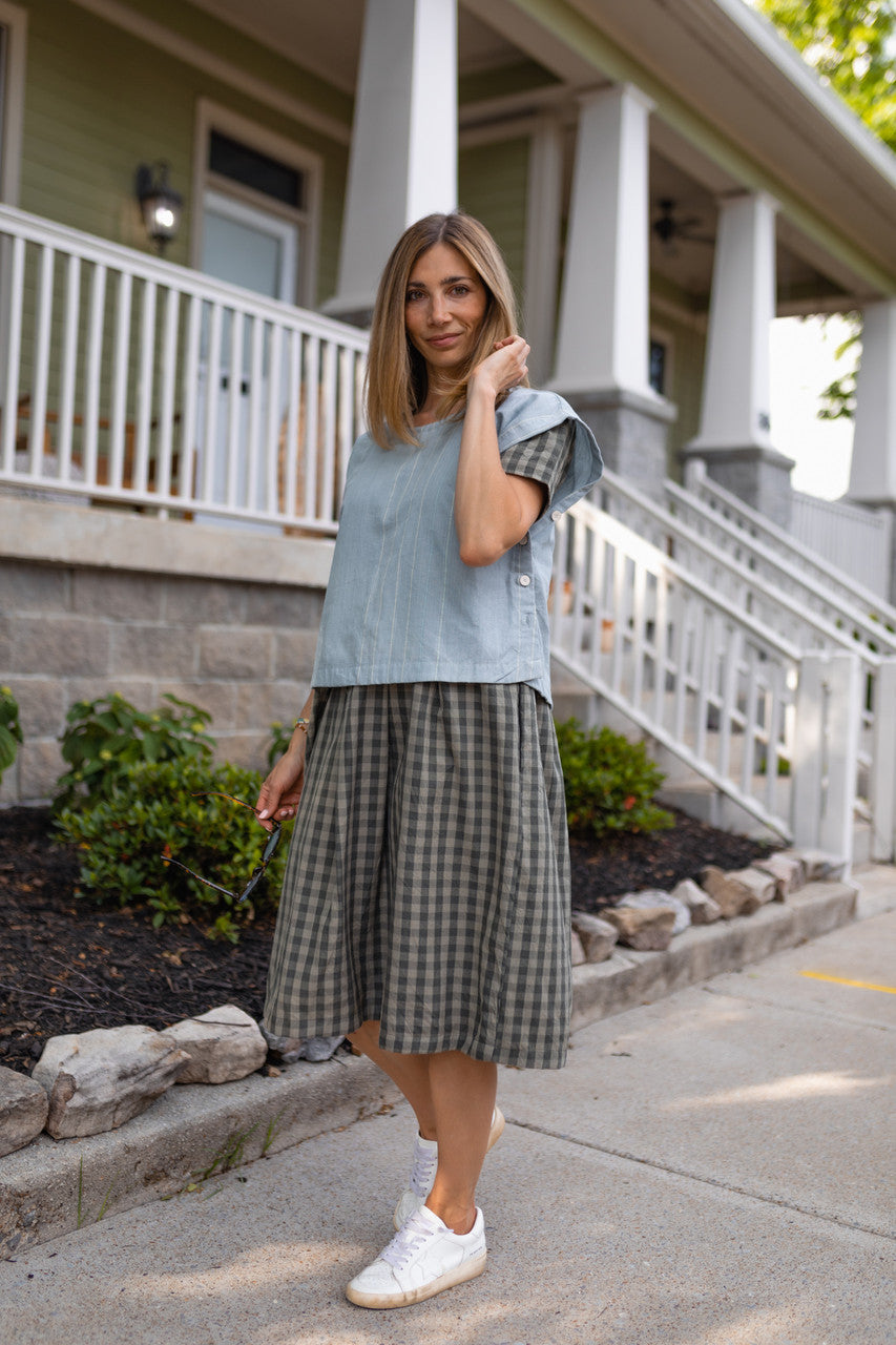 Eloise Handwoven Cotton Dress in Green Gingham