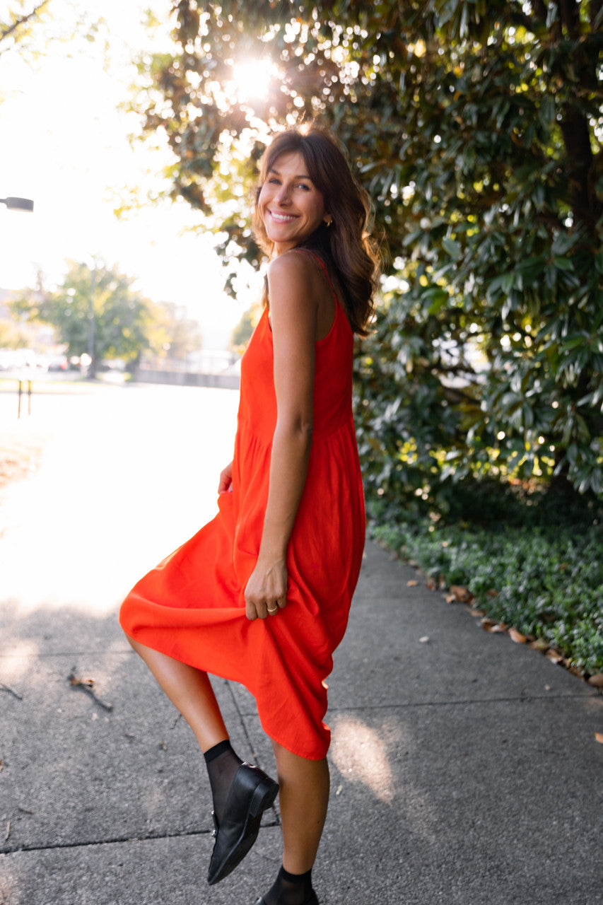 Faro Dress in Recycled Blood Orange Linen - M and L Left