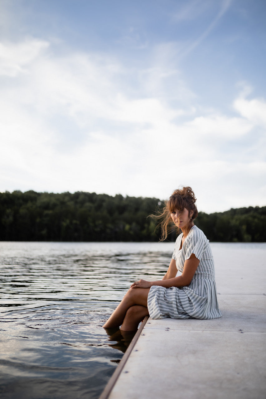 June Dress in Green and White Stripe Linen - Pre-Order 2/30