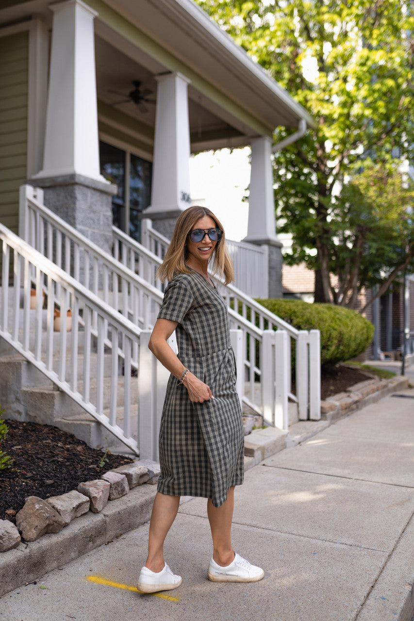 Eloise Handwoven Cotton Dress in Green Gingham