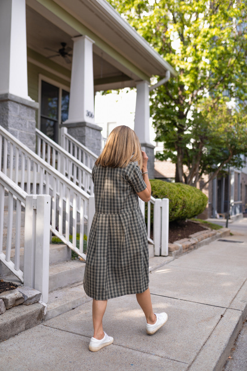 Eloise Handwoven Cotton Dress in Green Gingham