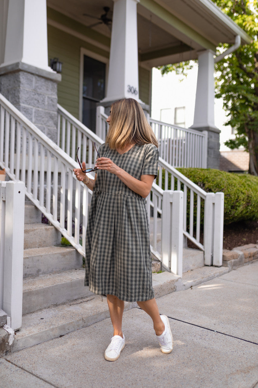 Eloise Handwoven Cotton Dress in Green Gingham