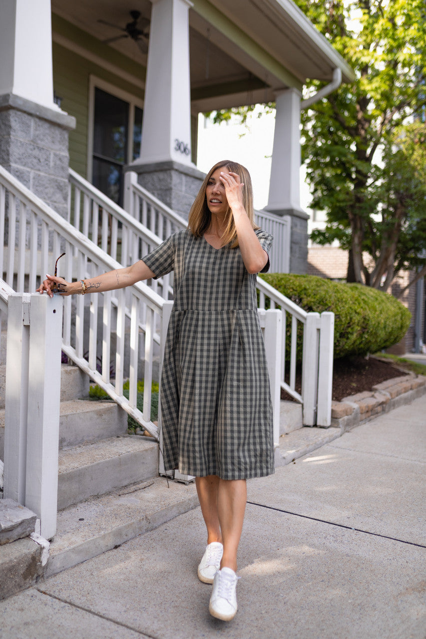 Eloise Handwoven Cotton Dress in Green Gingham