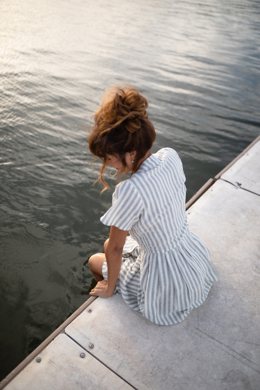 June Dress in Green and White Stripe Linen - Pre-Order 2/30