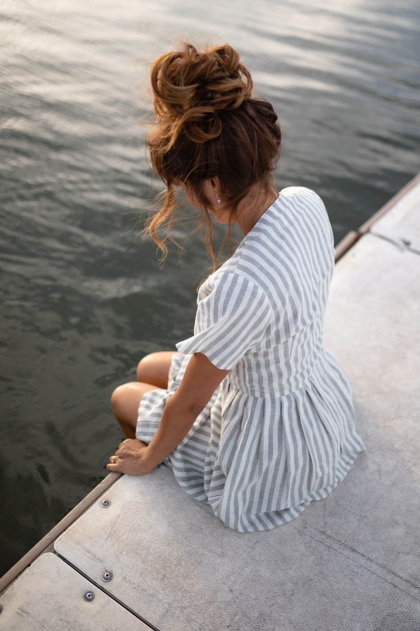 June Dress in Green and White Stripe Linen - Pre-Order 2/30