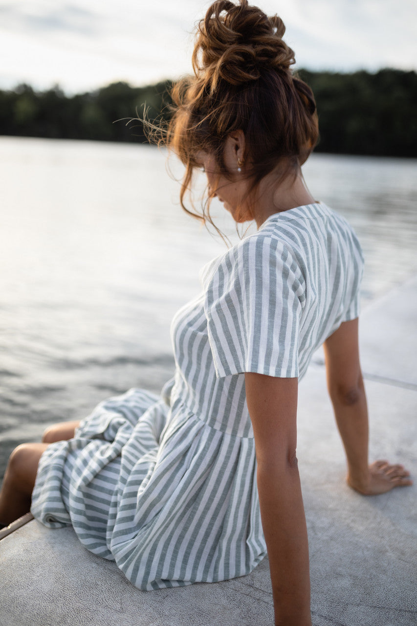 June Dress in Green and White Stripe Linen - Pre-Order 2/30