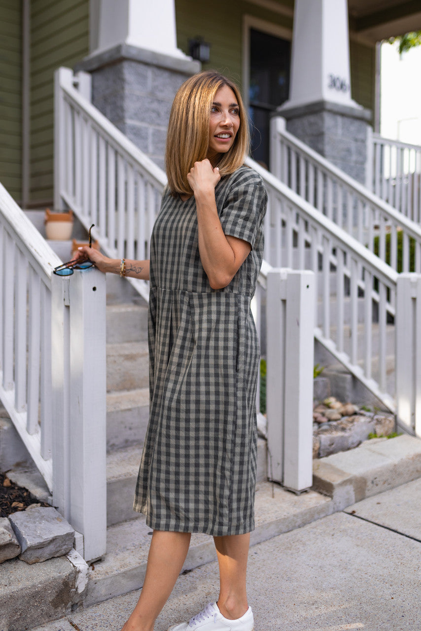 Eloise Handwoven Cotton Dress in Green Gingham