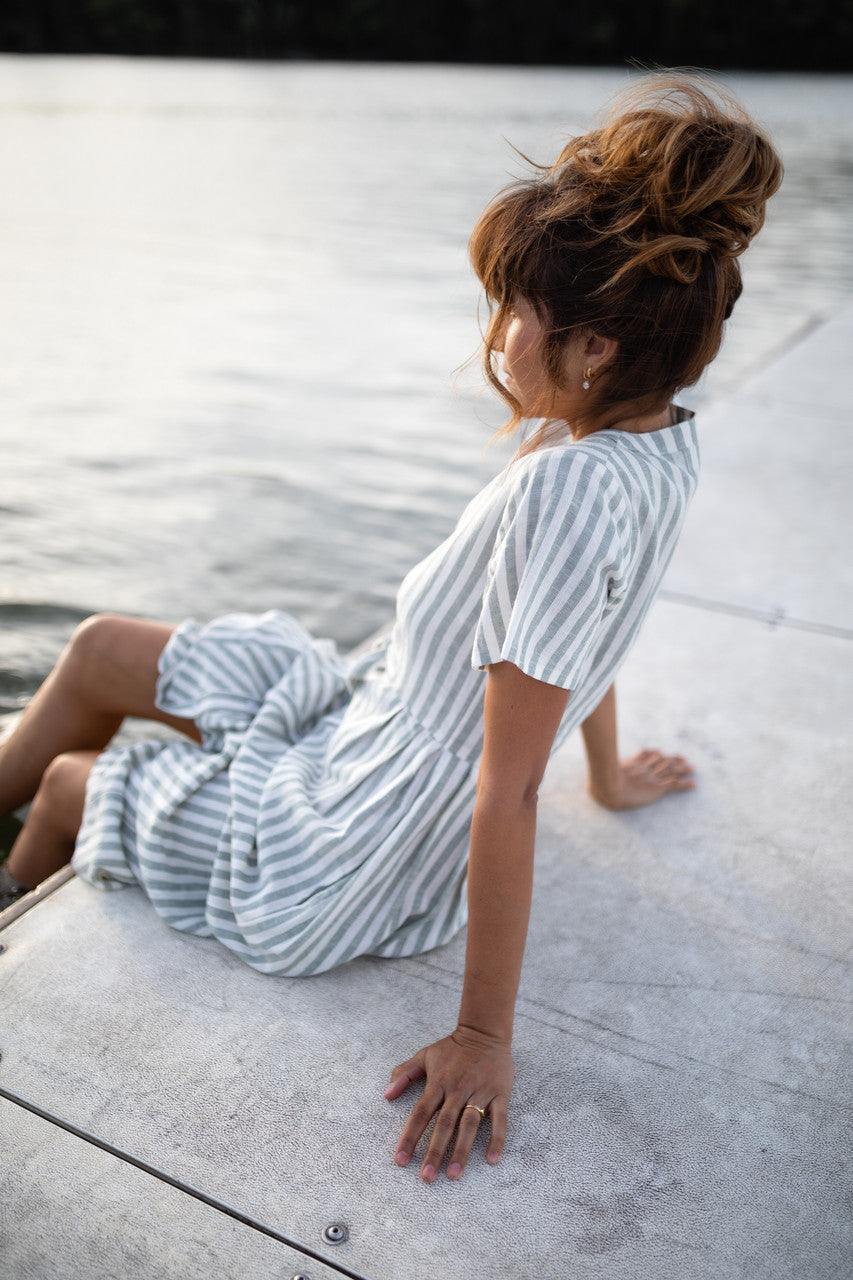 June Dress in Green and White Stripe Linen - Pre-Order 2/30