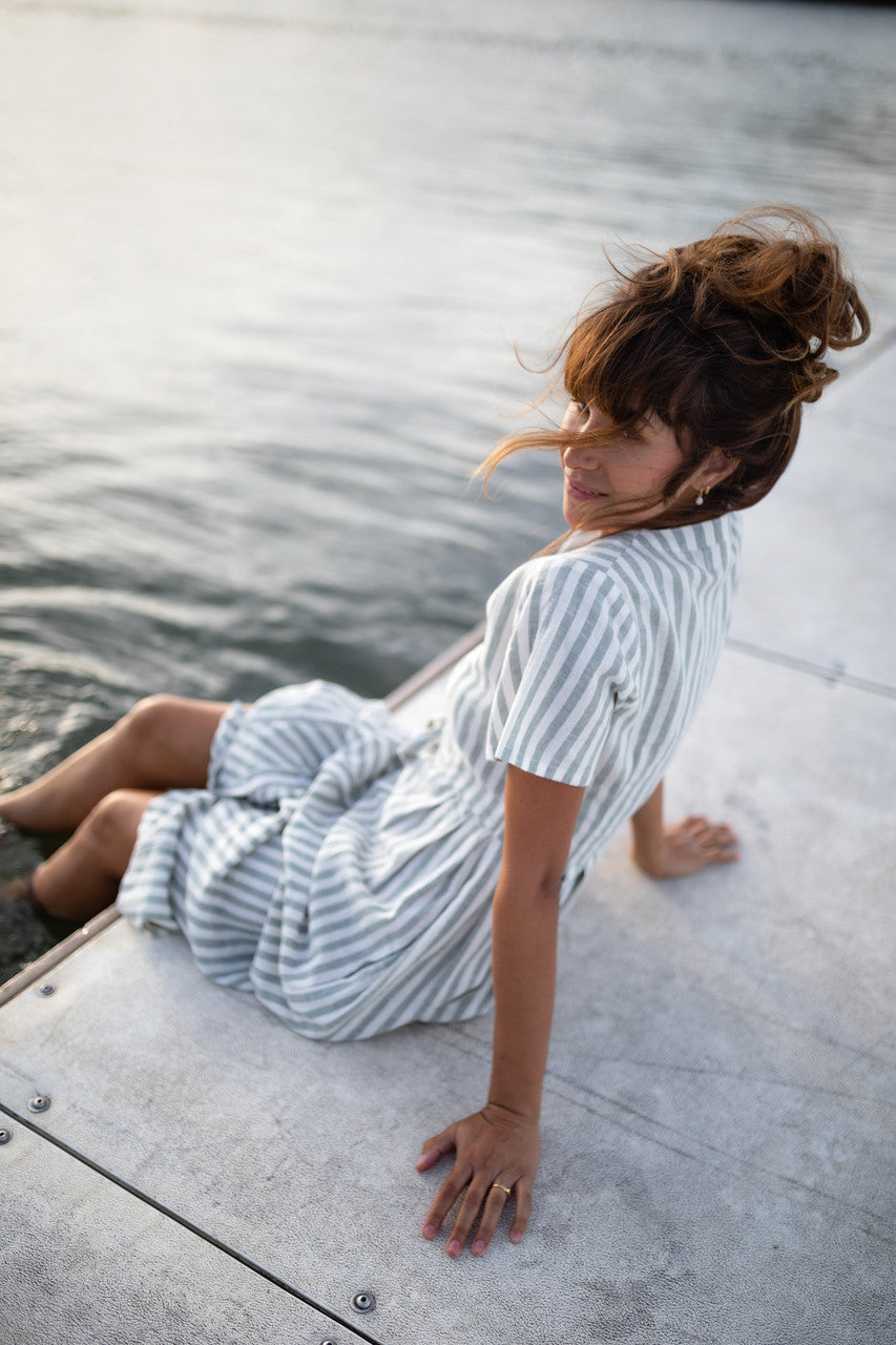 June Dress in Green and White Stripe Linen - Pre-Order 2/30