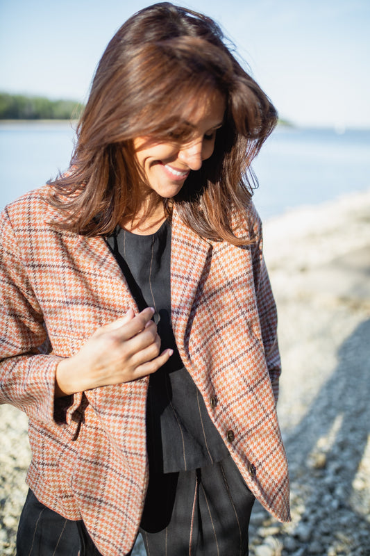 Julie Wool Blazer in Red and Brown Plaid Made to Order