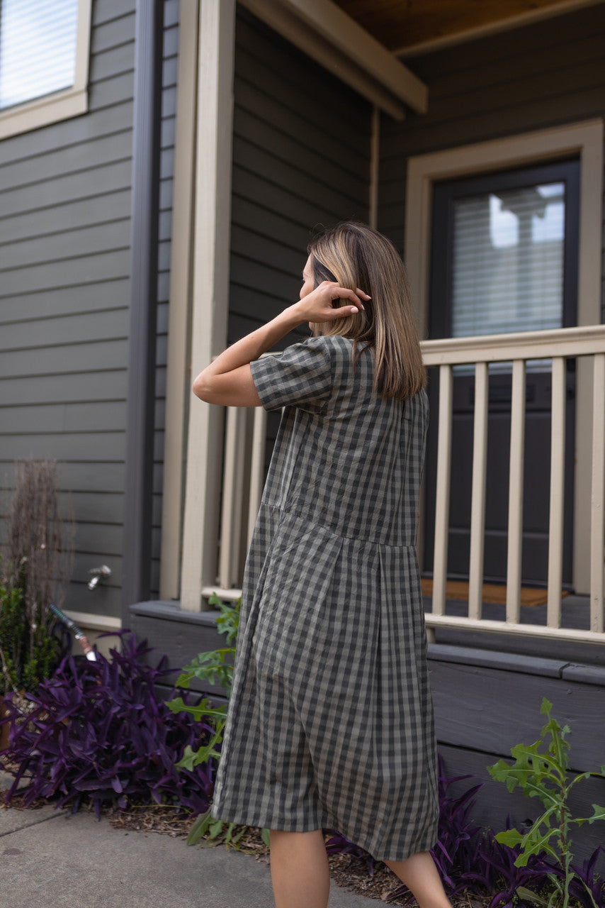 Eloise Handwoven Cotton Dress in Green Gingham