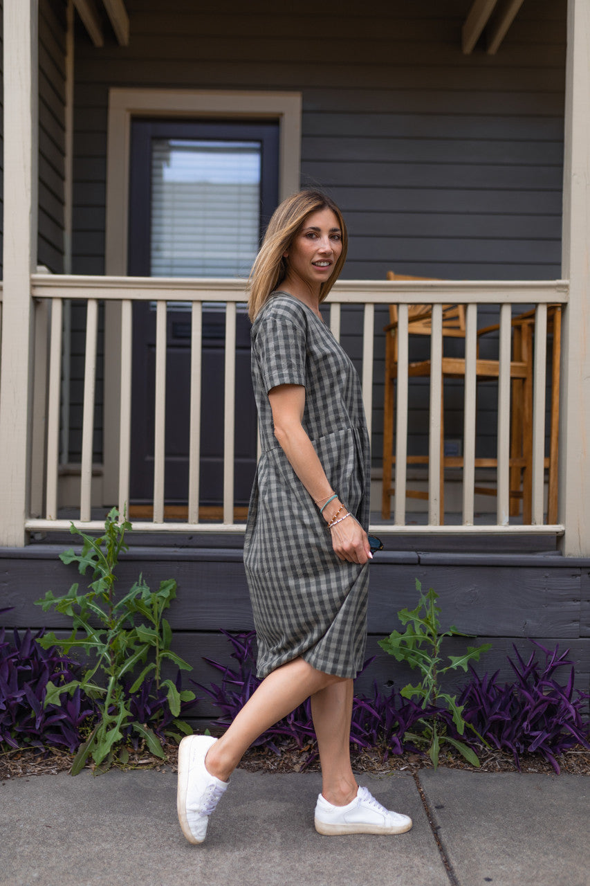 Eloise Handwoven Cotton Dress in Green Gingham