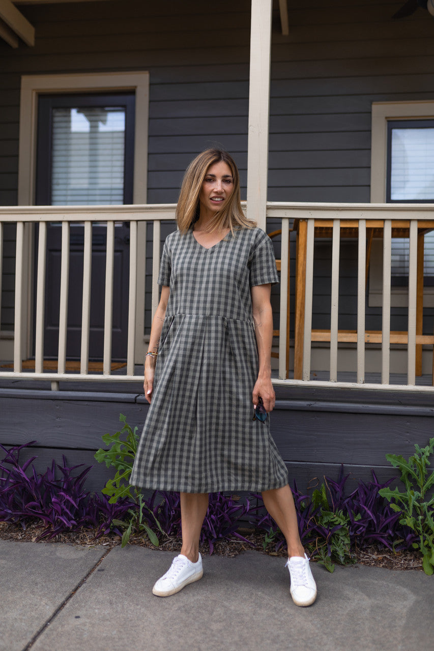 Eloise Handwoven Cotton Dress in Green Gingham