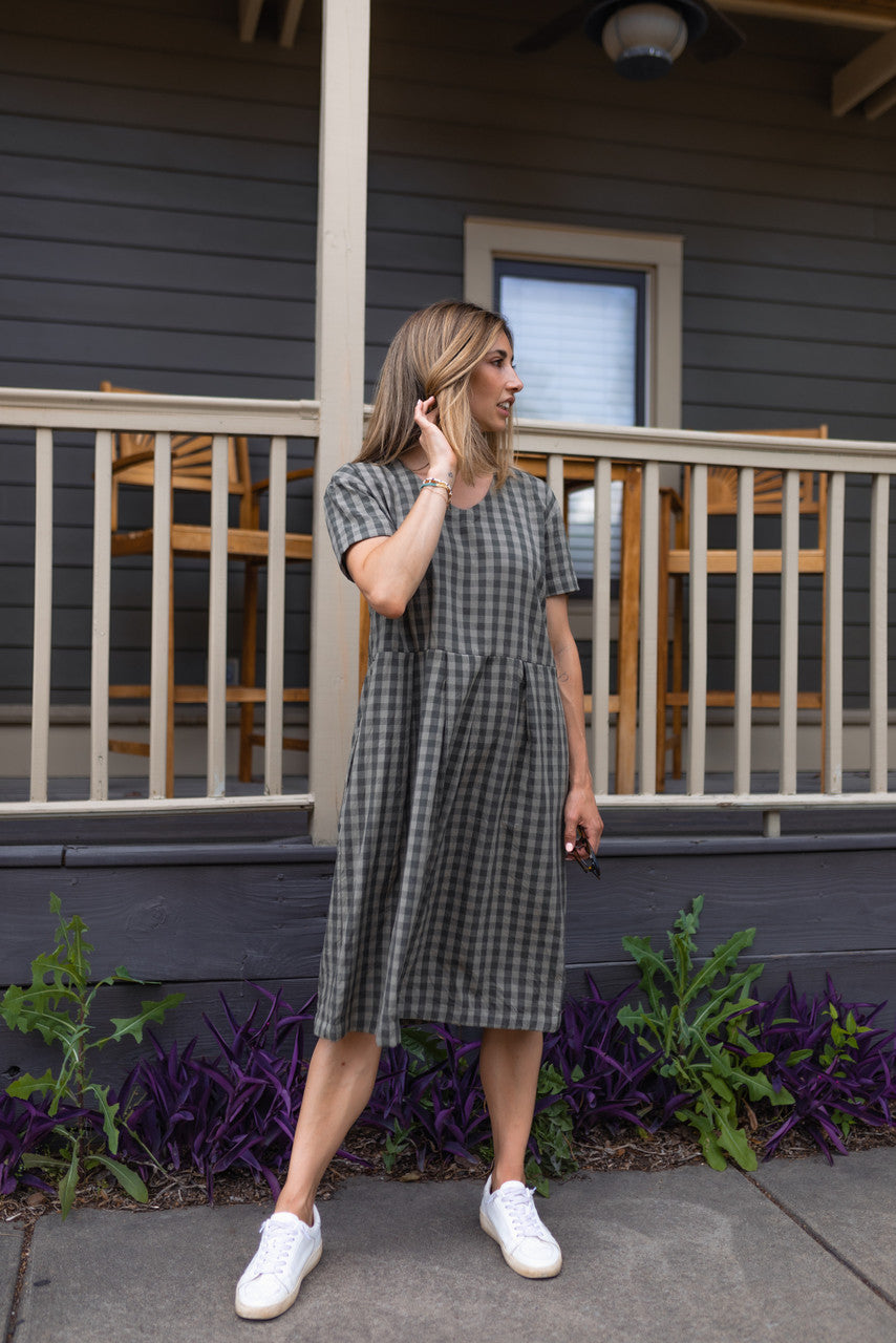 Eloise Handwoven Cotton Dress in Green Gingham