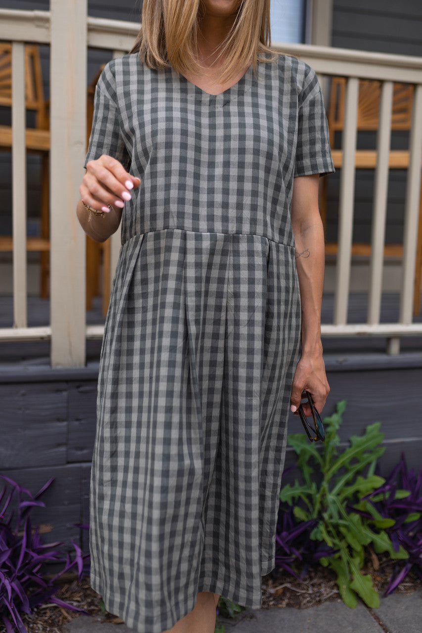 Eloise Handwoven Cotton Dress in Green Gingham