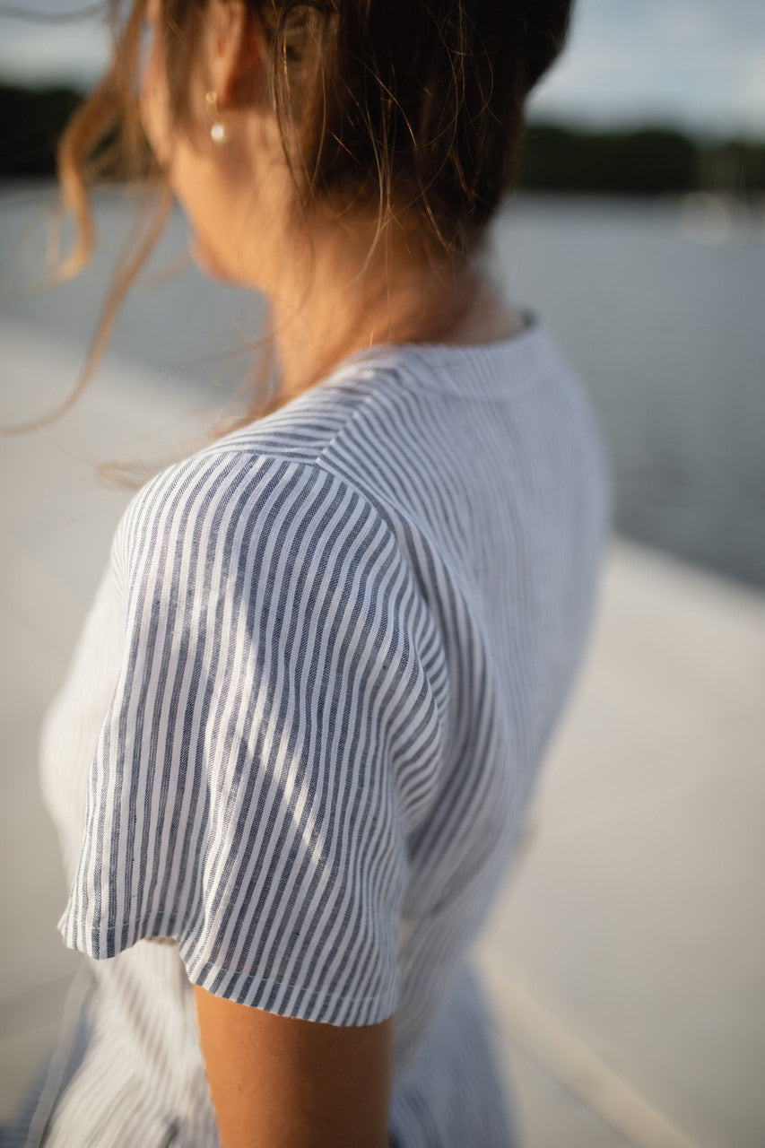 June Dress in Blue and White Stripe Linen/Cotton - Pre-Order 2/30