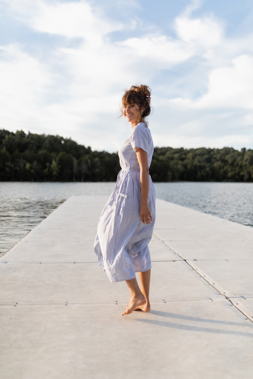 June Dress in Blue and White Stripe Linen/Cotton - Pre-Order 2/30