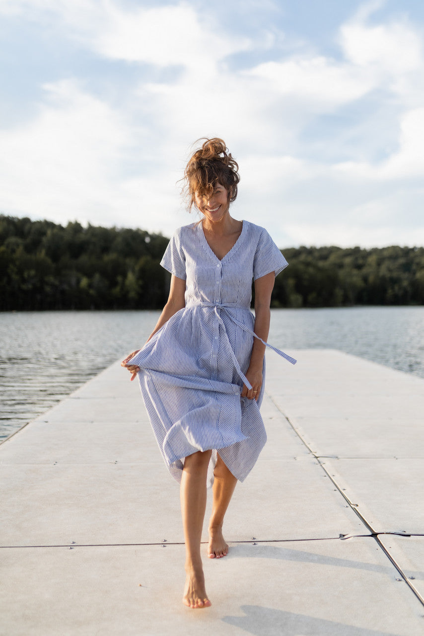 June Dress in Blue and White Stripe Linen/Cotton - Pre-Order 2/30